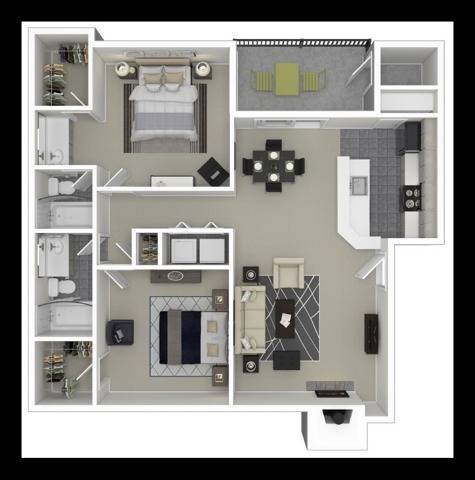 A 3D image of the 2BR/2BA – Shortline floorplan, a 1000 squarefoot, 2 bed / 2 bath unit