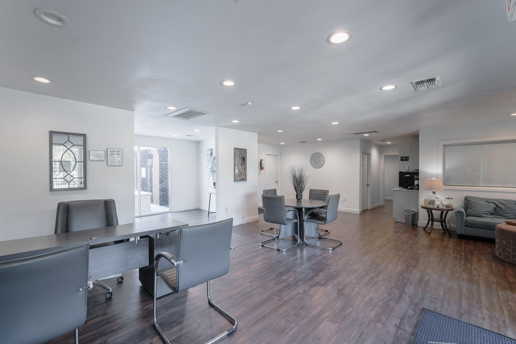 a room with a table and chairs