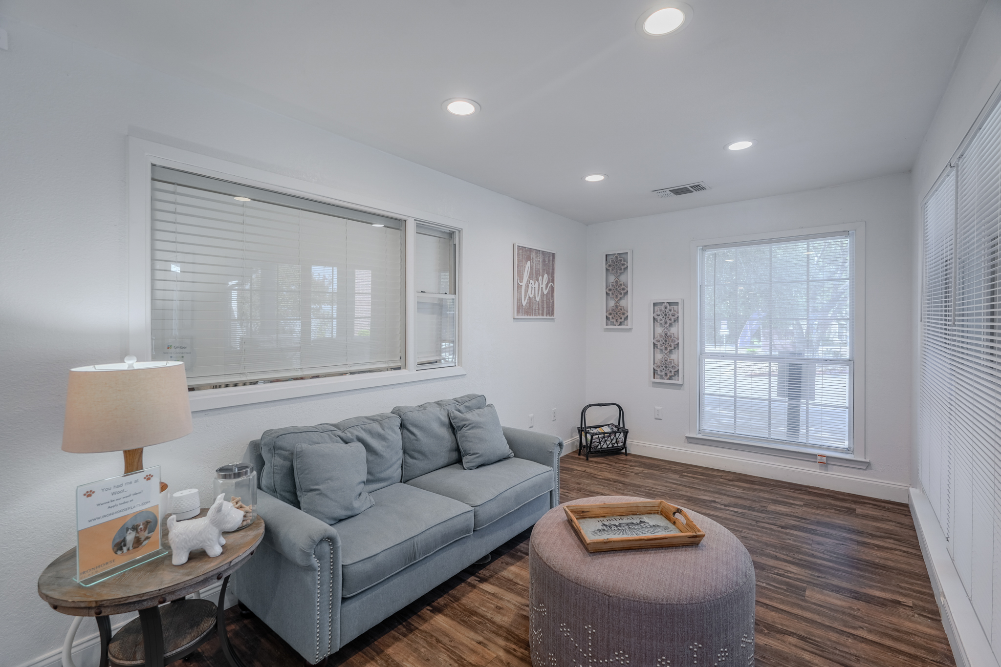 a living room with a couch and a table