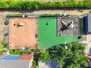 an aerial view of a playground