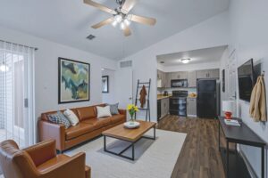 a living room with a couch and a table