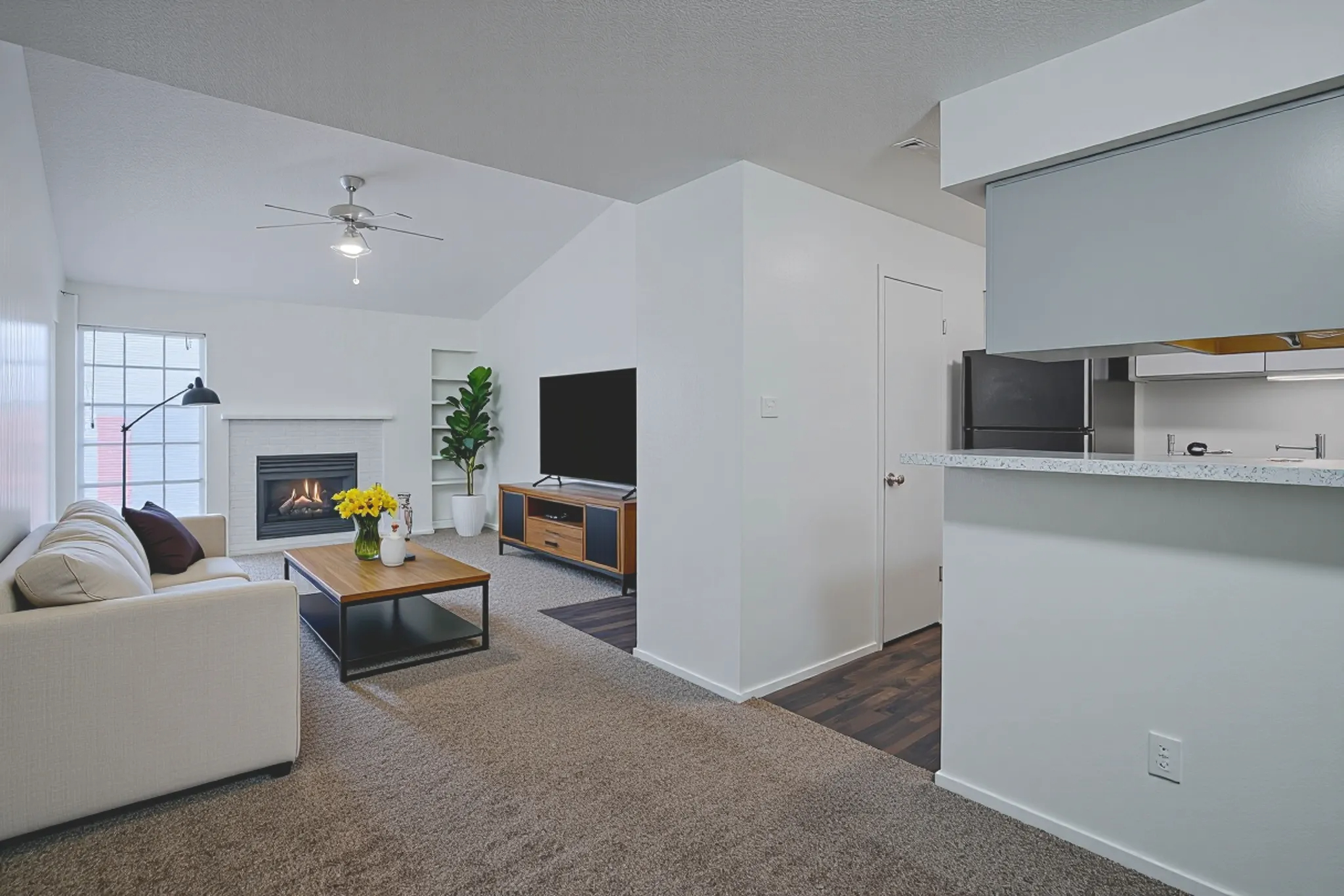a living room with a fireplace and a tv
